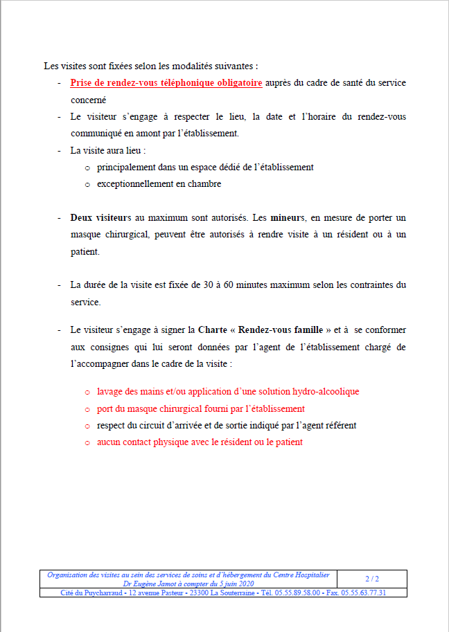 Organisation des visites au sein des services de soins et d hebergement a compter du 05 06 20 2