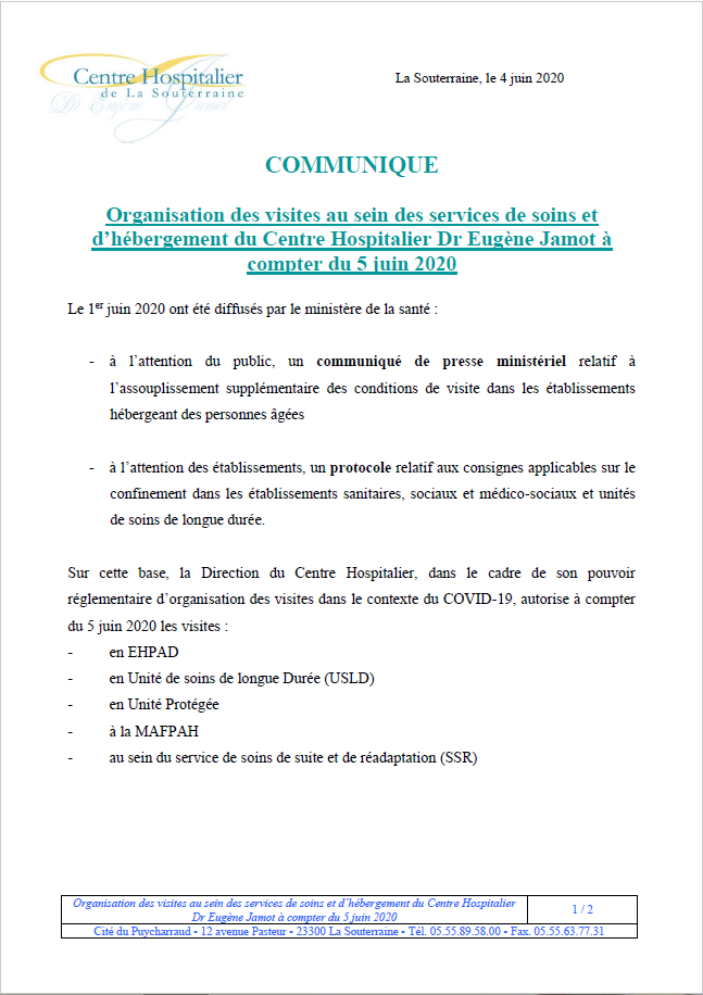 Organisation des visites au sein des services de soins et d'hébergement à compter du 05.06.20