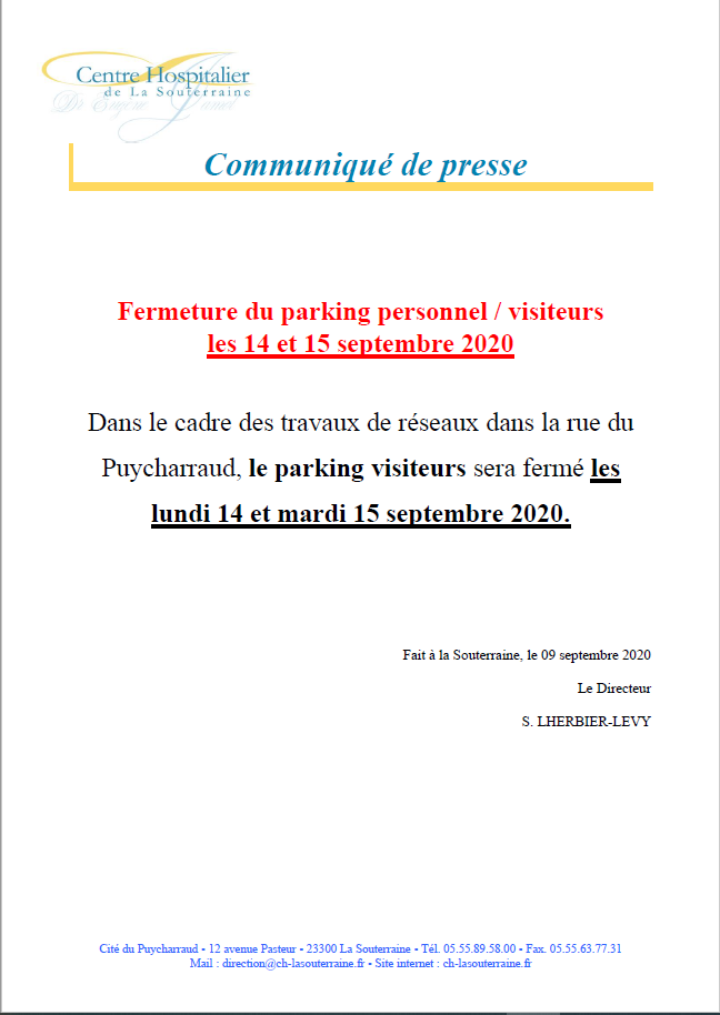 Communique de presse fermeture parking personnel visiteur les 14 et 15 septembre 2020