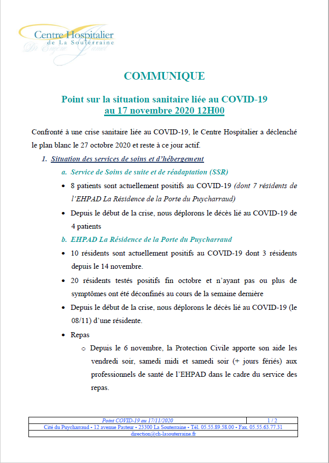 Point situation covid 19 au 17 11 20
