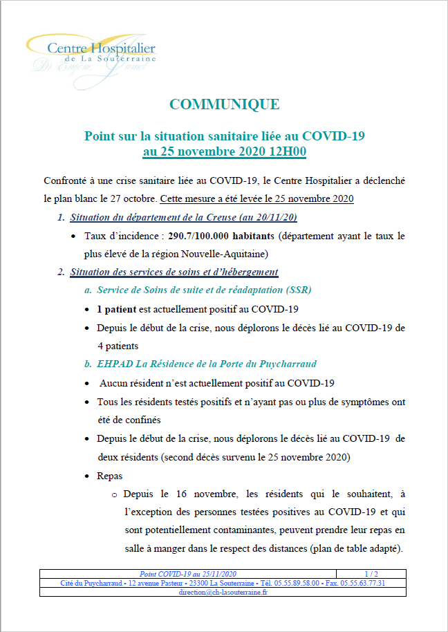 Point situation covid 19 au 25 11 20