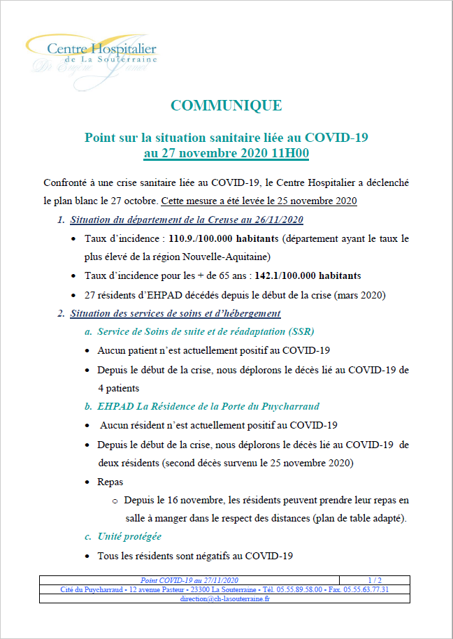 Point situation covid 19 au 27 11 20