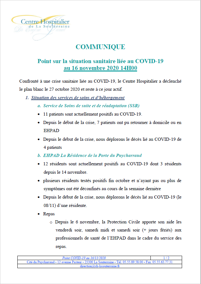 Point situation covid au 16 11 20